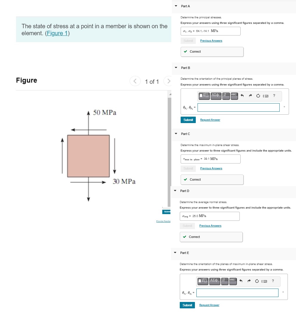Solved The state of stress at a point in a member is shown | Chegg.com