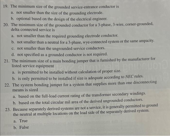 Solved 19. The minimum size of the grounded service-entrance | Chegg.com