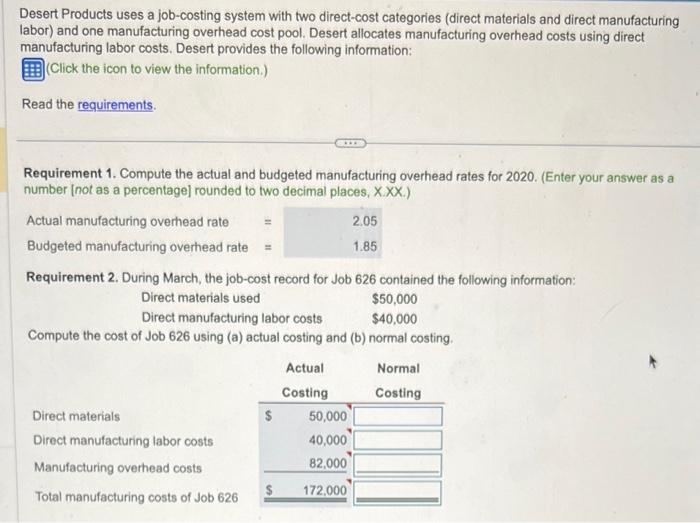 Solved Desert Products uses a jobcosting system with two