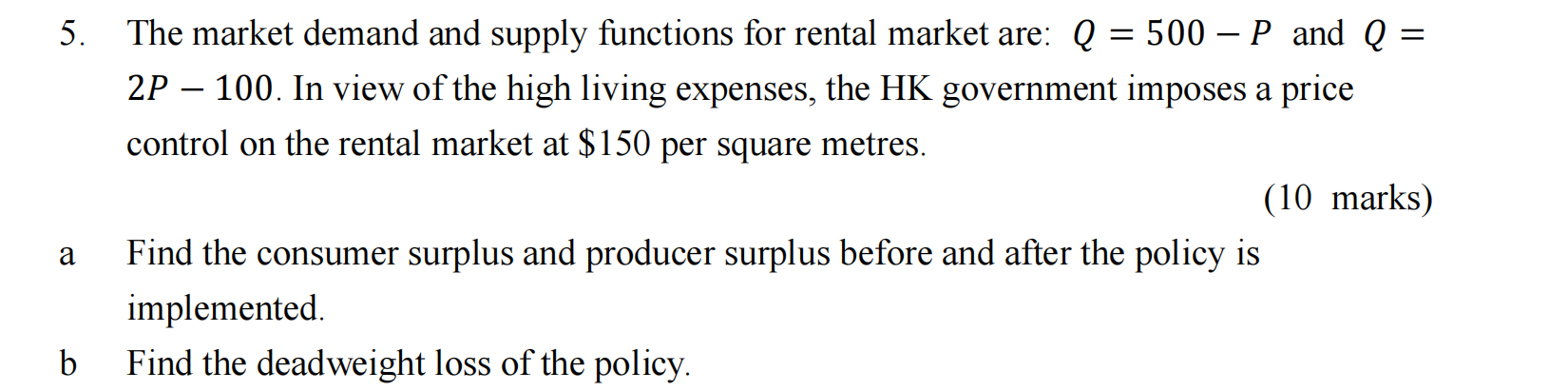 Solved The market demand and supply functions for rental | Chegg.com
