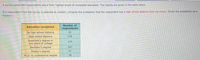 A survey asked 850 respondents about their highest levels of completed education. The results are given in the table below.
I