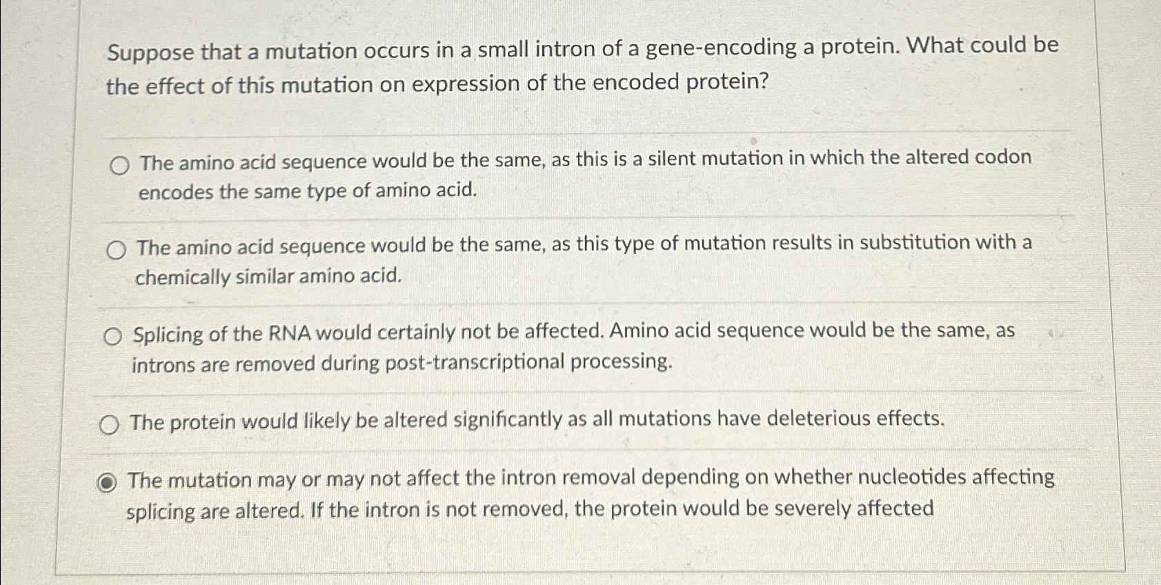 Solved Suppose that a mutation occurs in a small intron of a | Chegg.com