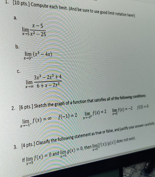Solved 1 10 Pts Compute Each Limit And Be Sure To Us Chegg Com