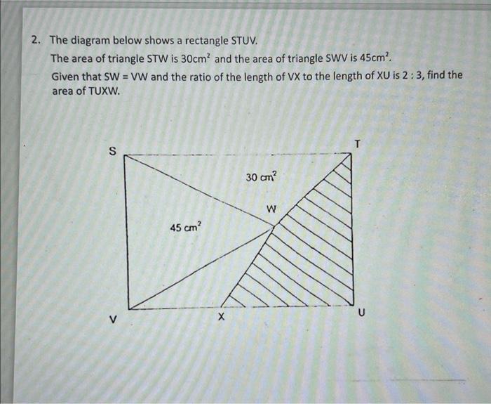 Solved 2. The diagram below shows a rectangle STUV. The area | Chegg.com