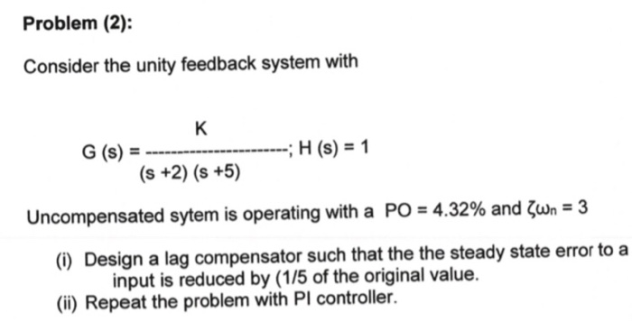 Solved Problem (2): Consider the unity feedback system with | Chegg.com