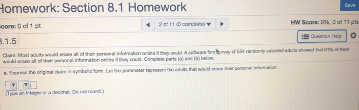 Solved Save Homework: Section 8.1 Homework core: 0 of 1 pt 2 | Chegg.com