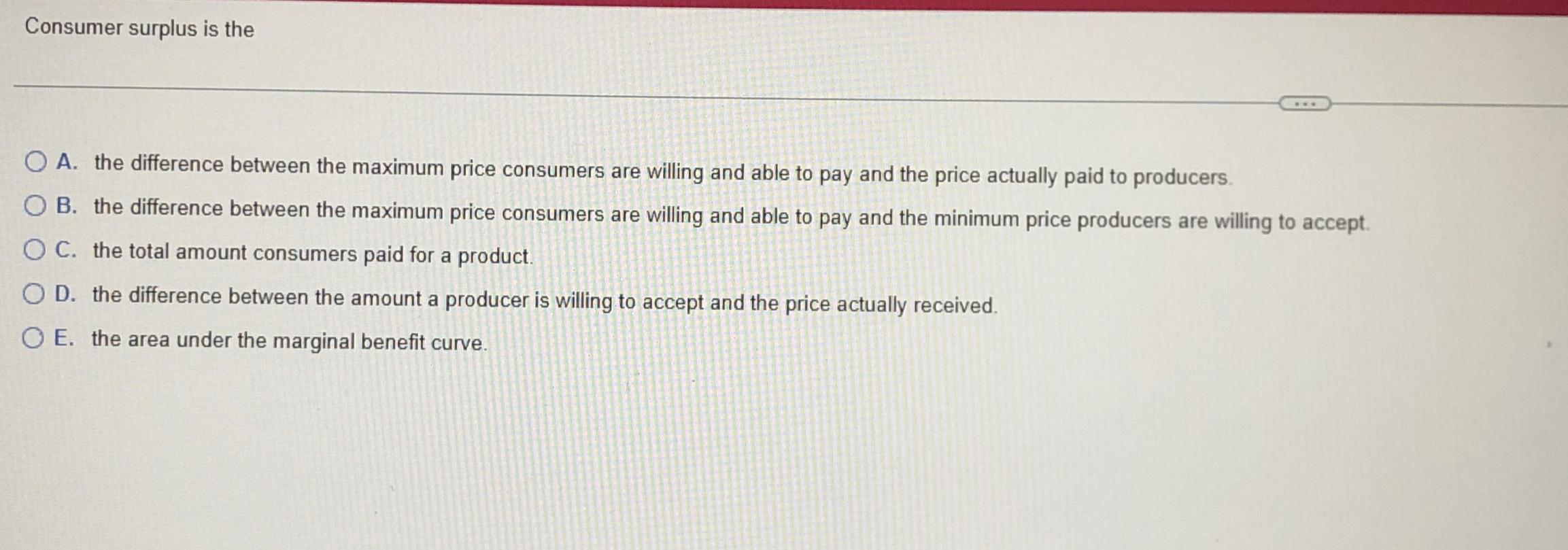 Solved Consumer surplus is theA. ﻿the difference between the | Chegg.com