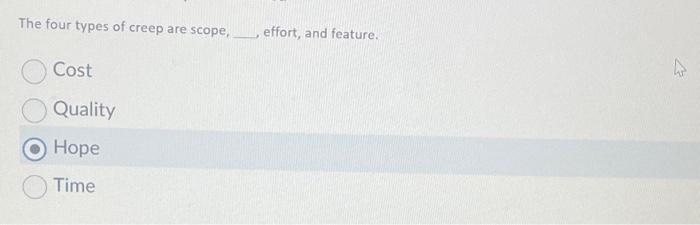 Solved The four types of creep are scope, Cost Quality Hope | Chegg.com