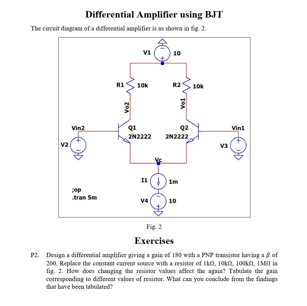 Solved Differential Amplifier Using BJT The Circuit Diagram | Chegg.com