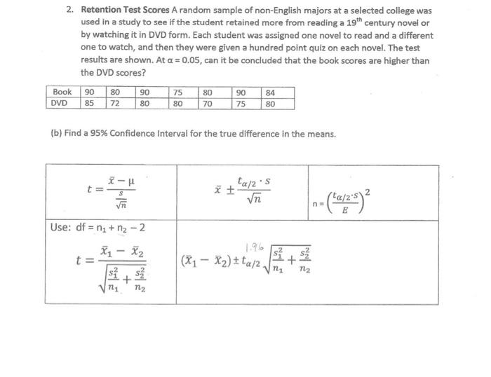 Solved 2. Retention Test Scores A random sample of | Chegg.com