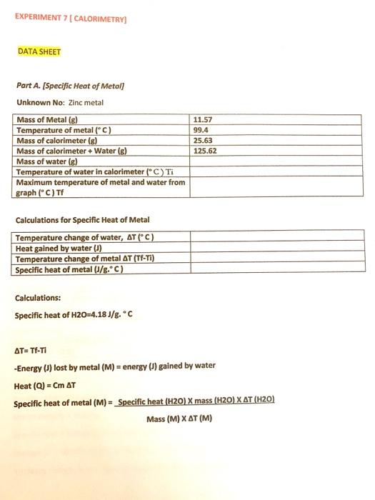 Solved Experiment 7 Calorimetry Data Sheet Part A Spe Chegg Com