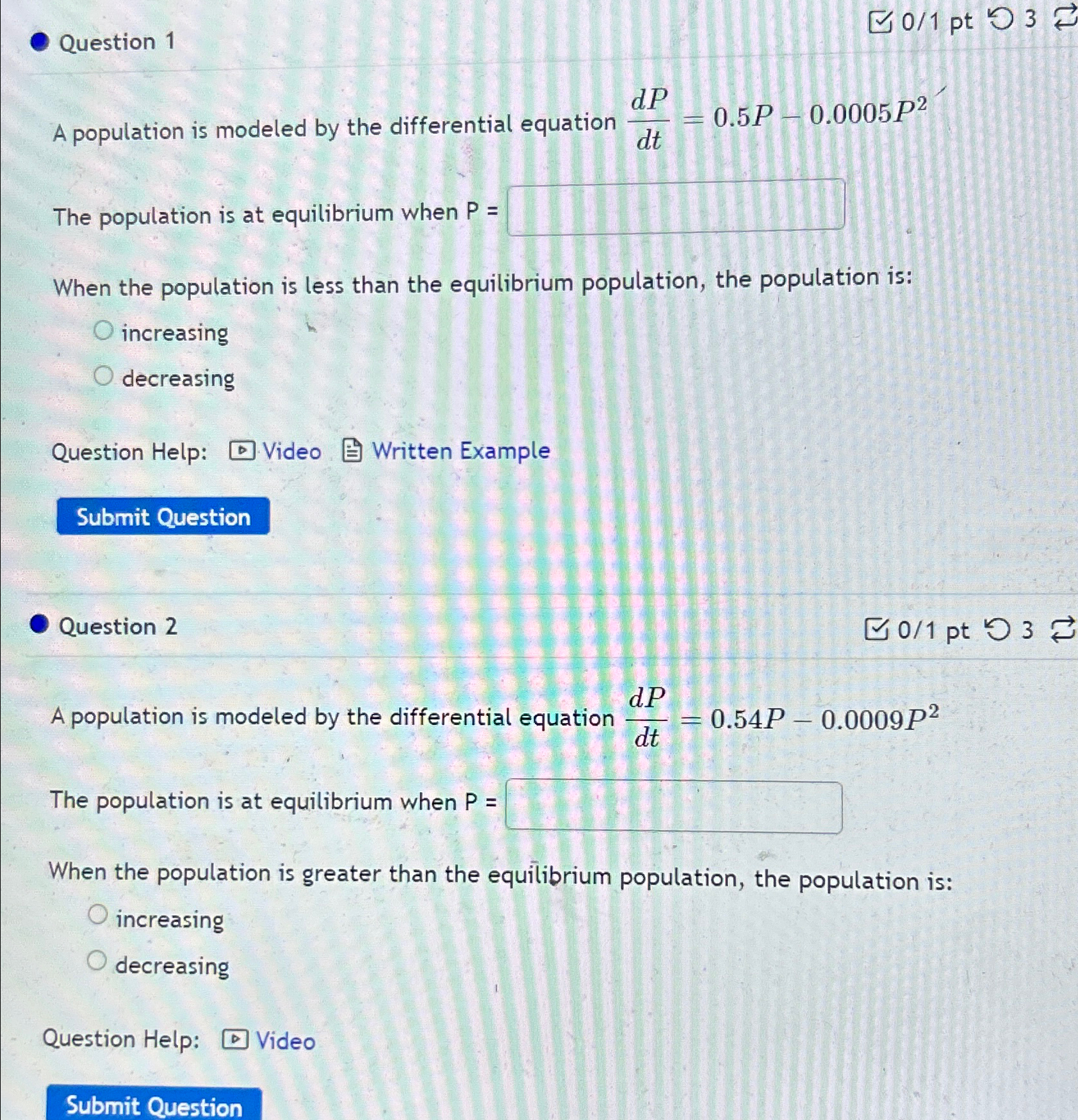 Solved Question 101pt3A population is modeled by the | Chegg.com