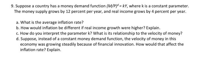 Solved 9 Suppose A Country Has A Money Demand Function