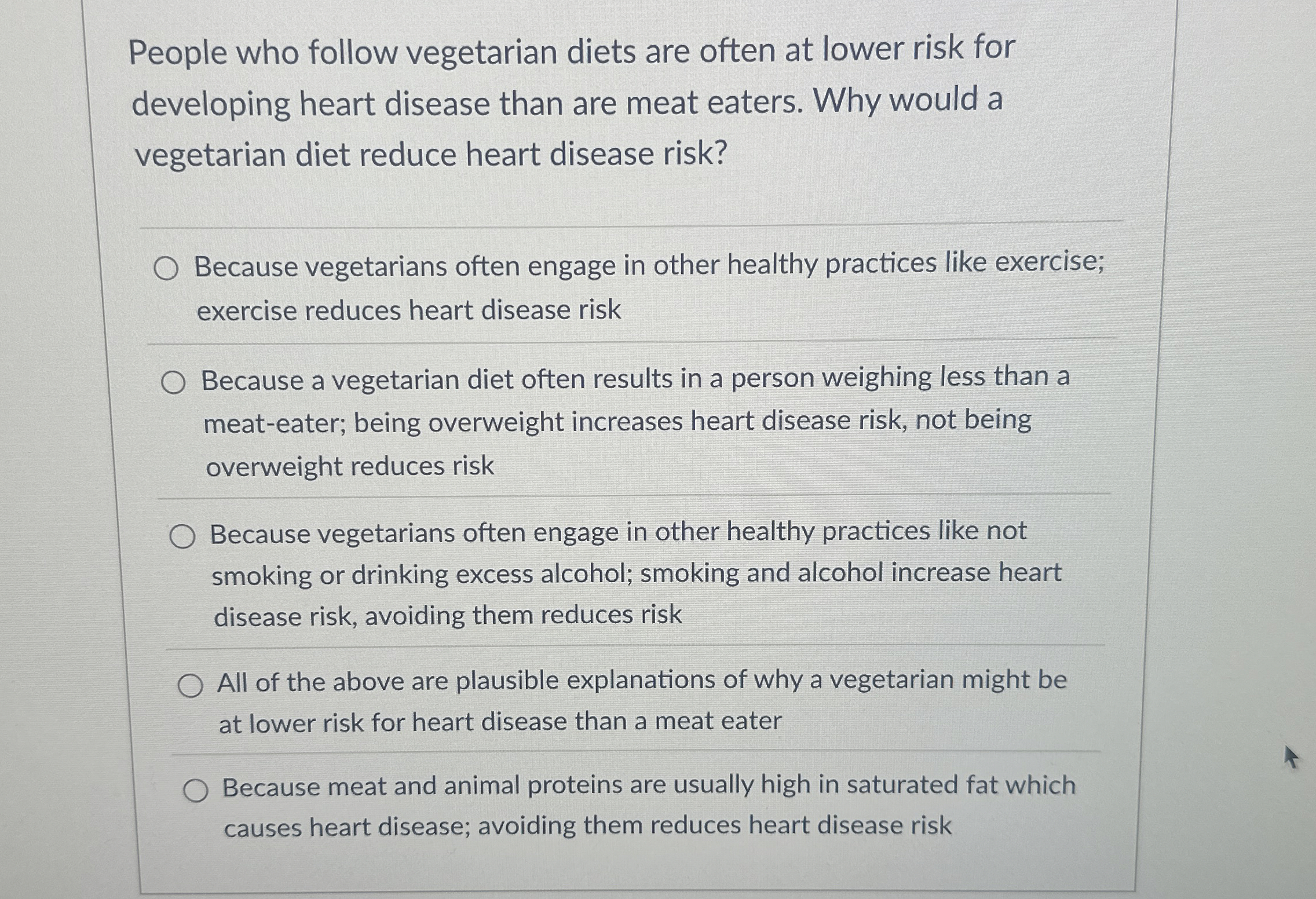 Solved People who follow vegetarian diets are often at lower