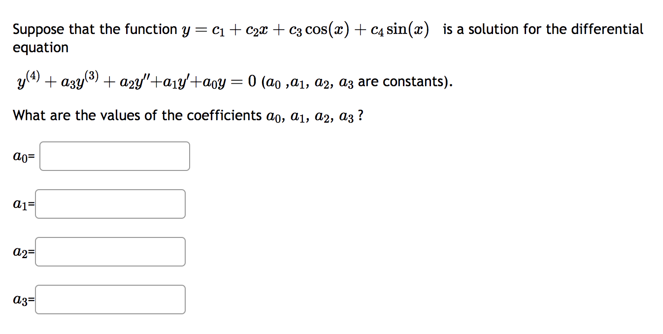Solved Suppose that the function y=c1+c2x+c3cos(x)+c4sin(x) | Chegg.com