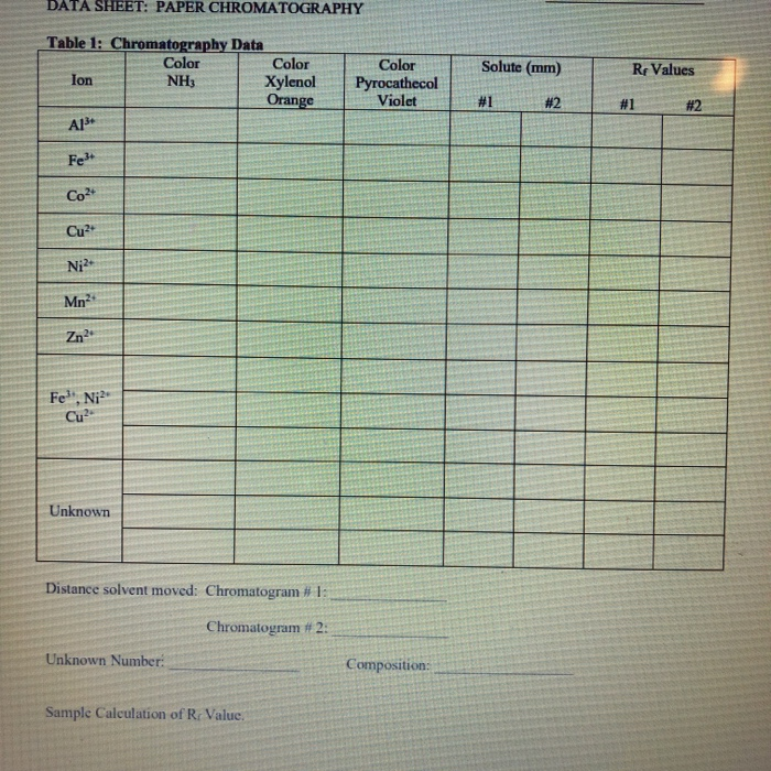 Solved DATA SHEET PAPER CHROMATOGRAPHY Table 1