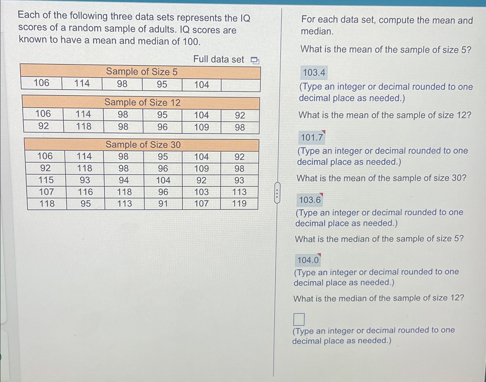 Solved Each of the following three data sets represents the | Chegg.com
