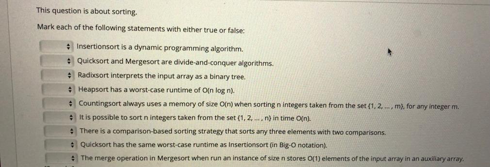 geeksforgeeks - sorting practice questions! https: ... Solved This question is about sorting. Mark each of the | Chegg.com