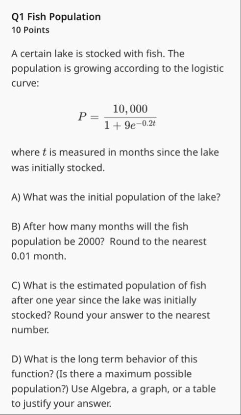 Solved Q1 ﻿Fish Population10 ﻿PointsA certain lake is | Chegg.com