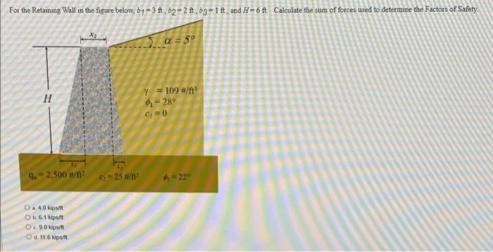 Solved For the Retaining Wall in the figure below, 64 = 3 | Chegg.com