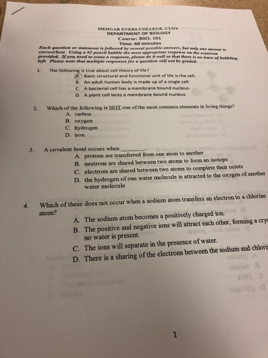 Solved MEDGAR EVERS COLLEGE, CUNY DEPARTMENT OF BIOLOGY | Chegg.com