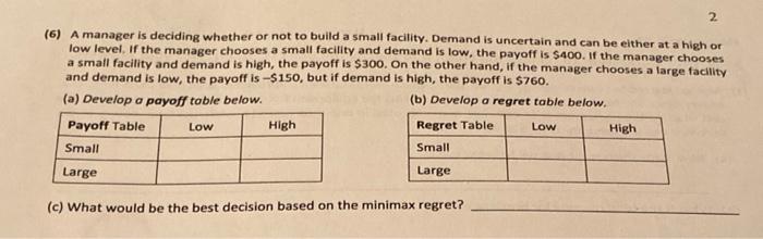 Solved (6) A manager is deciding whether or not to build a | Chegg.com