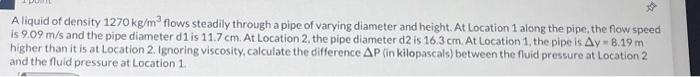 Solved A liquid of density 1270 kg/m3 flows steadily through | Chegg.com