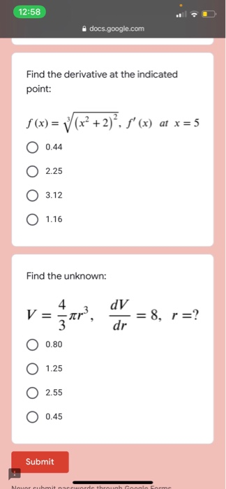 Solved 12:57 docs.google.com Find the second derivative of | Chegg.com