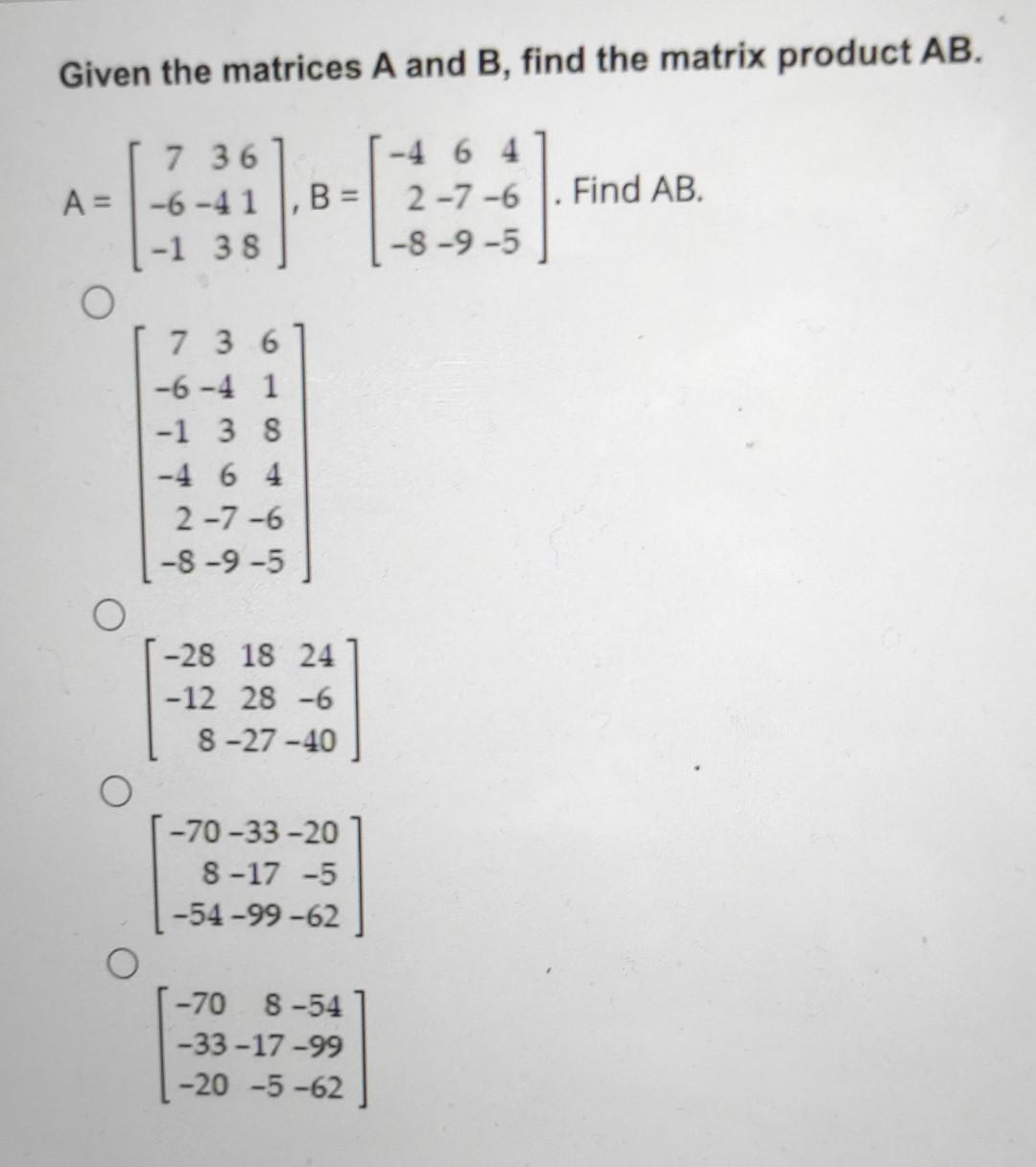 Solved Given The Matrices A And B, Find The Matrix Product | Chegg.com