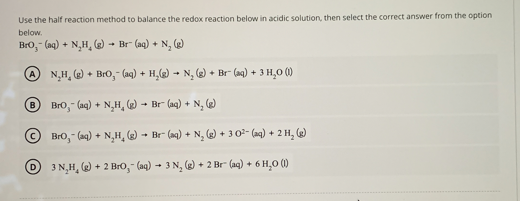Solved Use the half reaction method to balance the redox | Chegg.com