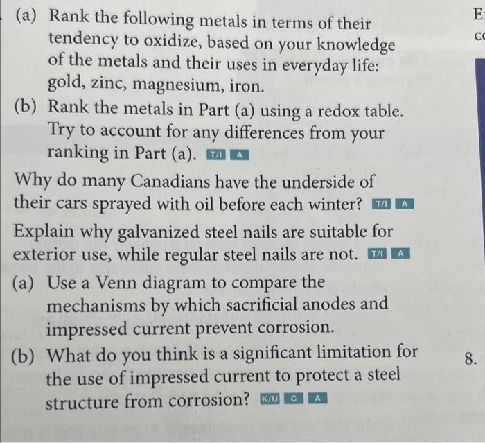 Solved (a) Rank the following metals in terms of their | Chegg.com