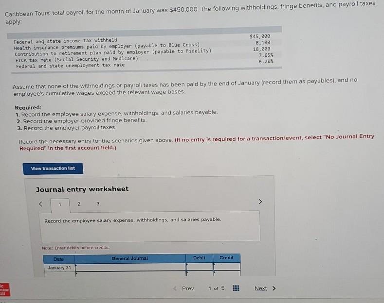 caribbean tours' total payroll for the month of january was