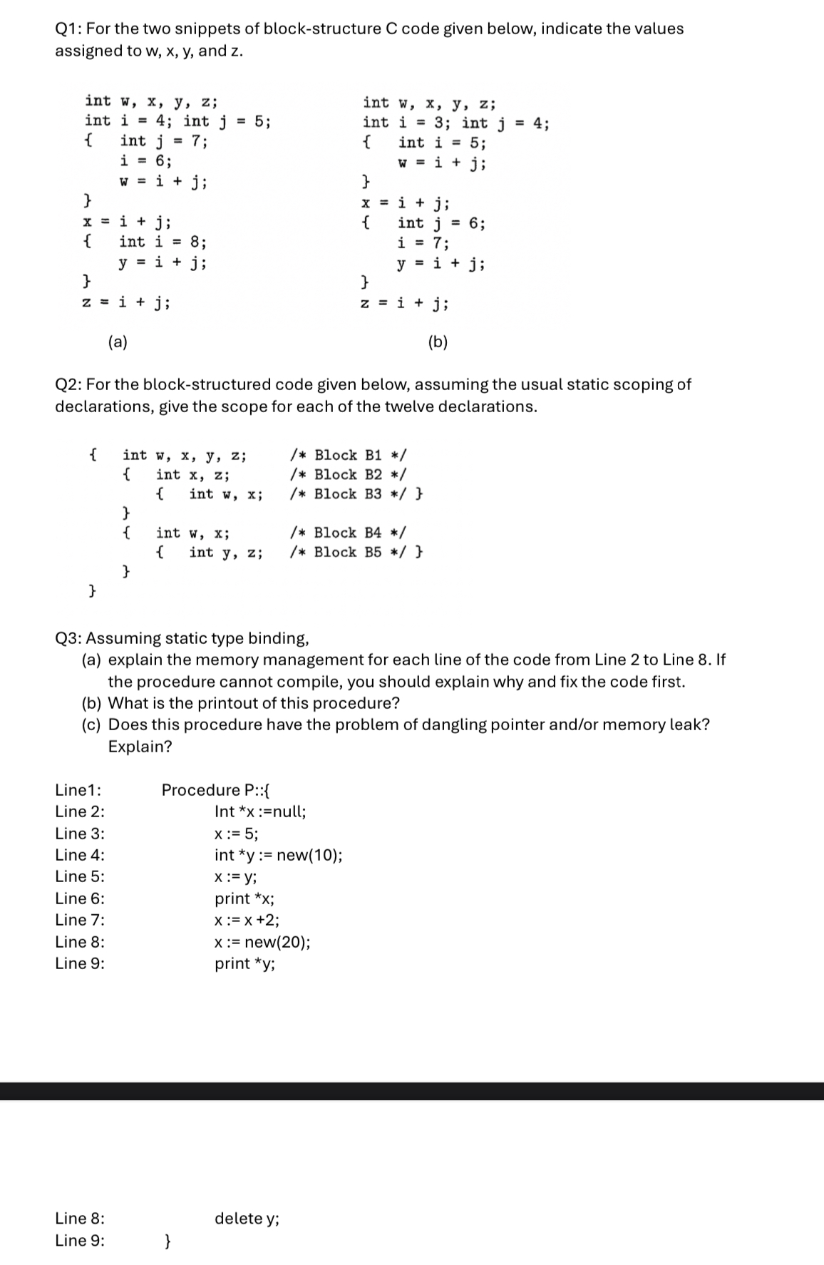 Q1: For the two snippets of block-structure C code | Chegg.com