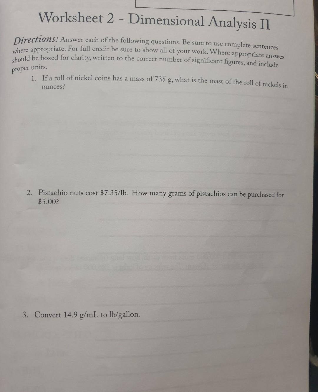 Solved Worksheet 2 Dimensional Analysis Ii Directions