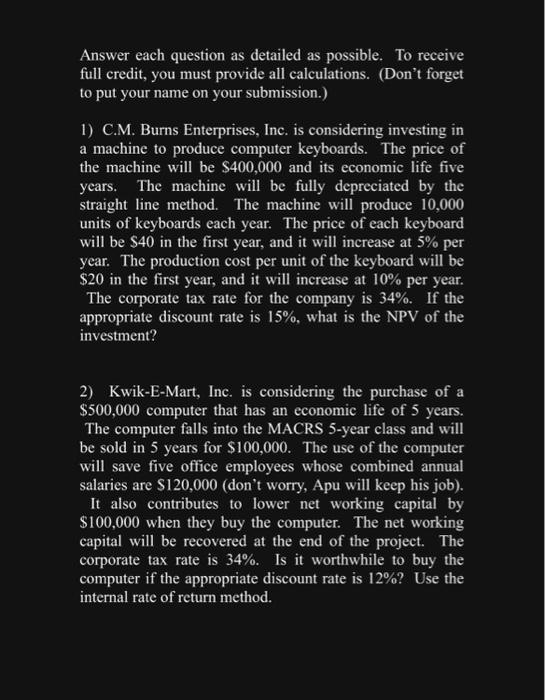 Solved Answer each question as detailed as possible. To | Chegg.com