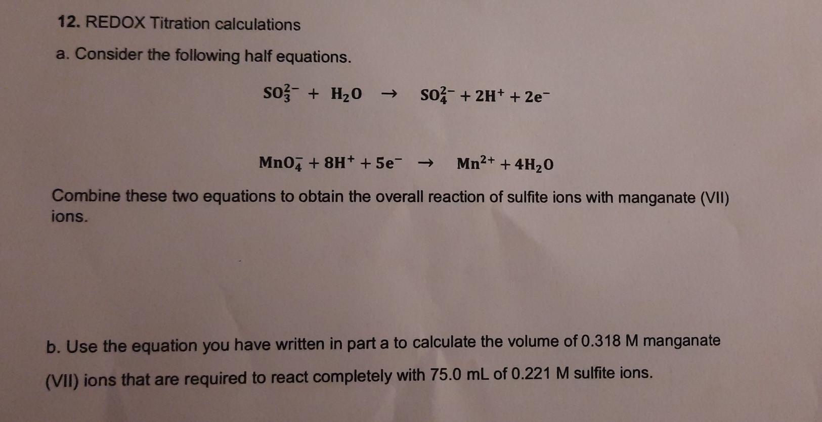 Solved 12 redox titration calculations a consider the chegg