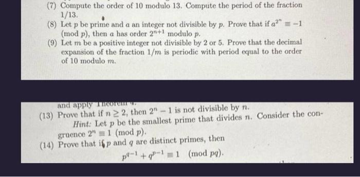 Solved (7) Compute the order of 10 modulo 13. Compute the | Chegg.com