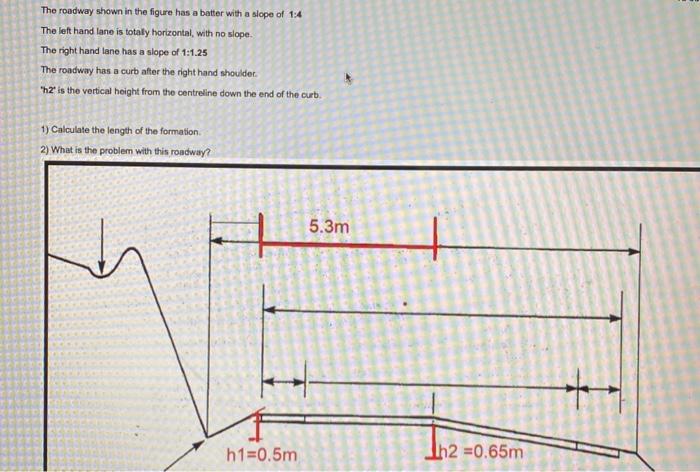 The roadway shown in the figure has a batter with a slope of 1:4
The left hand lane is totally horizontal, with no slope.
The