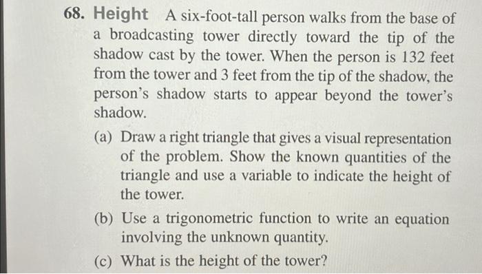 Solved 68. Height A six-foot-tall person walks from the base | Chegg.com