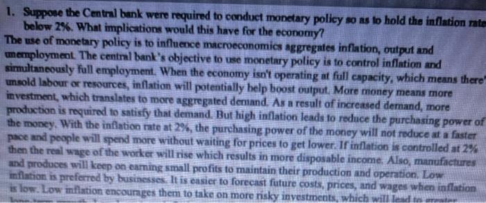 Solved 1. Suppose The Central Bank Were Required To Conduct | Chegg.com