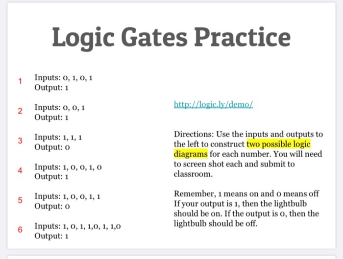 Solved Logic Gates Practice Inputs 0, 1, 0, 1 Output 1