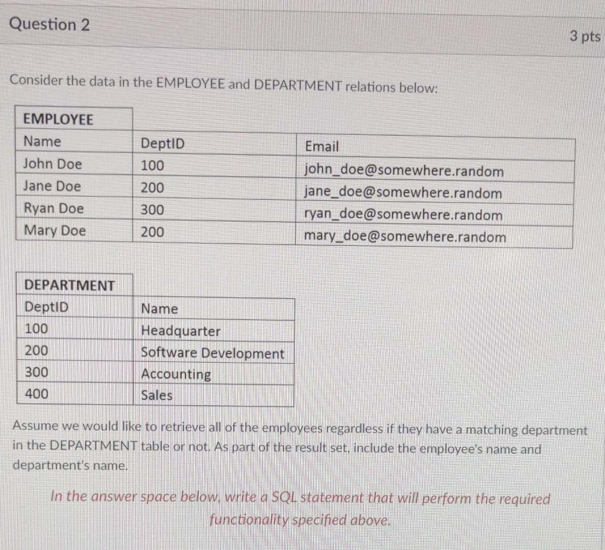 Solved Consider the data in the EMPLOYEE and DEPARTMENT | Chegg.com