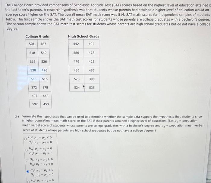 Solved The College Board provided comparisons of Scholastic