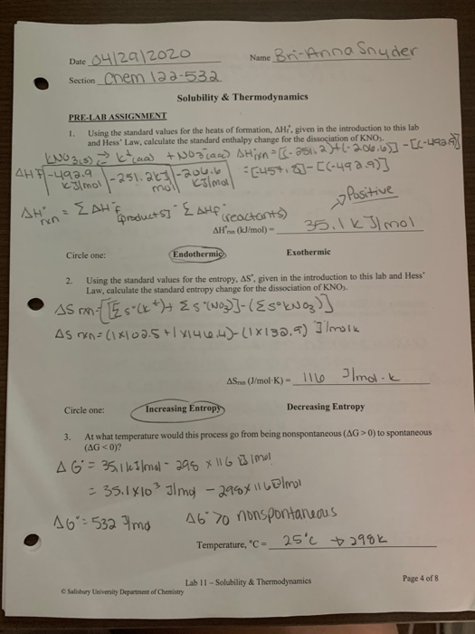 LAB 11 SOLUBILITY & THERMODYNAMICS PRE-LAB READING | Chegg.com
