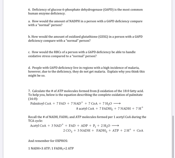 Solved 6. Deficiency of glucose 6-phosphate dehydrogenase | Chegg.com