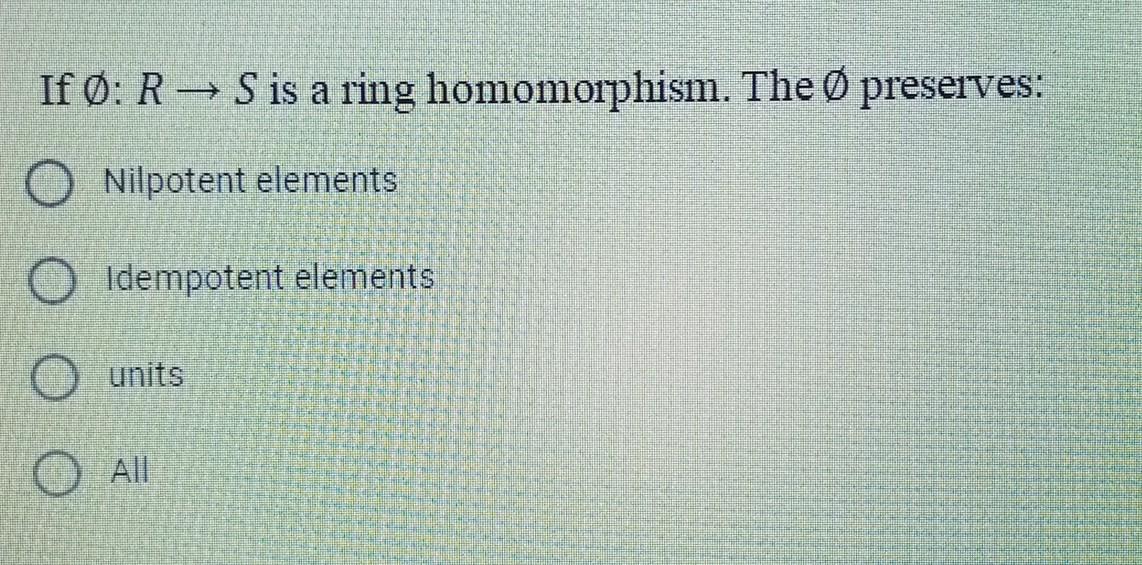 Solved If Ø: R S Is A Ring Homomorphism. The Preserves: O | Chegg.com