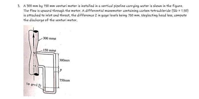 Solved 3. A 300 mm by 150 mm venturi meter is installed in a | Chegg.com
