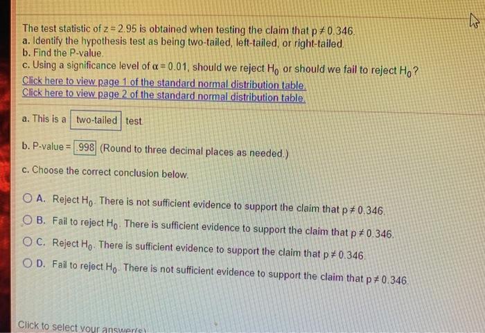 Solved The test statistic of z = 2.95 is obtained when | Chegg.com