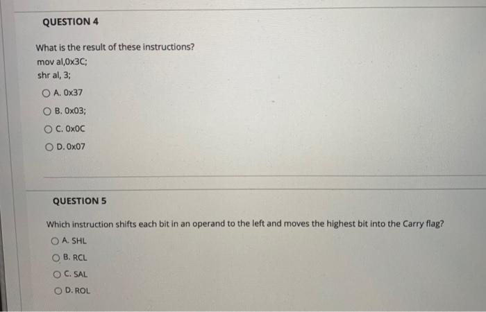 Solved QUESTION 1 The SHL instruction is like what math | Chegg.com