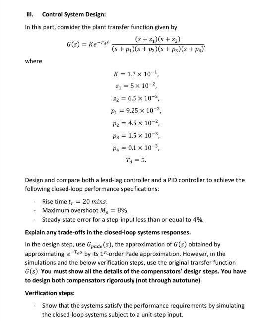 III. Control System Design: In this part, consider | Chegg.com